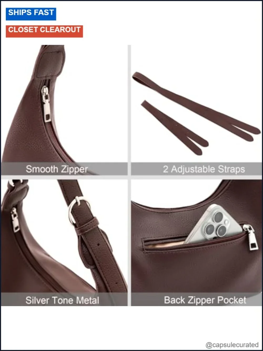 Vegan Leather Crescent Hobo Shoulder Bag Crossbody Tote Purse with 2 Straps